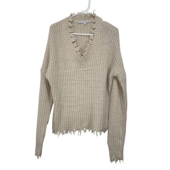 HYFVE Distressed Beige Distressed V-Neck Knit Sweater - Womens Size L - Picture 7 of 11